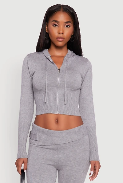Womens Cropped Zip Front Drawstring Hoodie, Grey, Size L