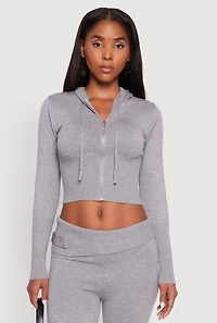 Womens Cropped Zip Front Drawstring Hoodie, Grey, Size L