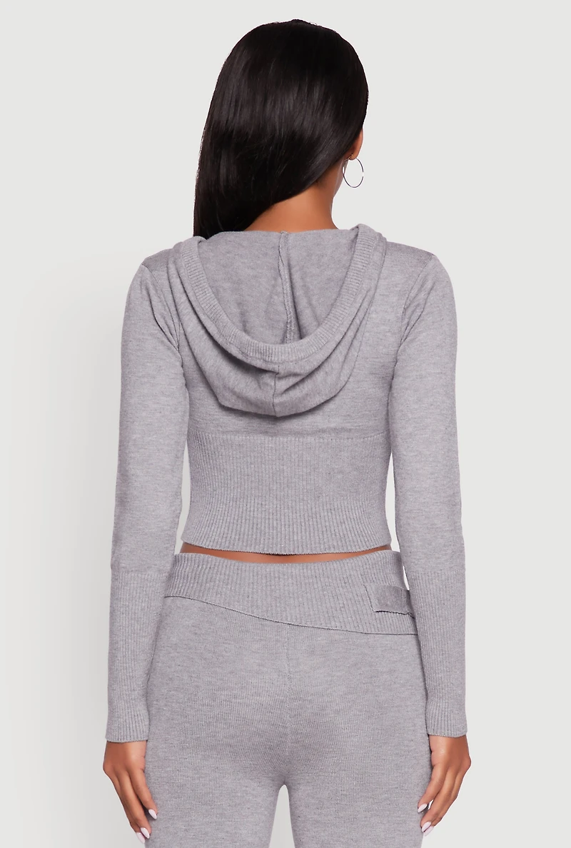 Womens Cropped Zip Front Drawstring Hoodie, Grey, Size L
