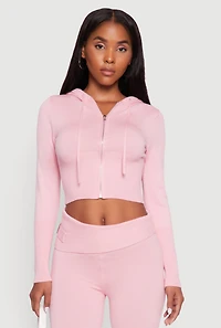 Womens Cropped Zip Front Drawstring Hoodie, M