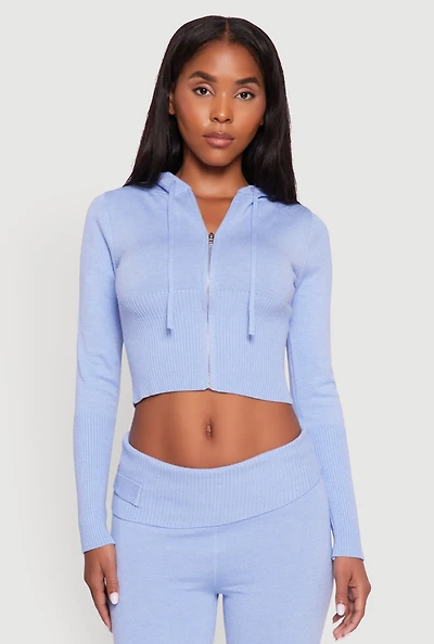 Womens Cropped Zip Front Drawstring Hoodie,