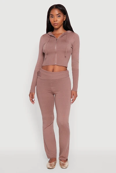 Womens Fold Over Buckle Detail Slim Leg Pants, Brown, Size L