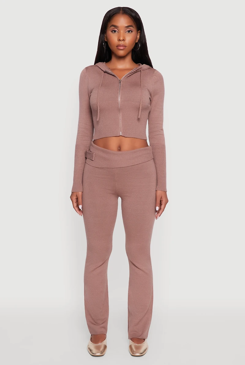 Womens Fold Over Buckle Detail Slim Leg Pants, Brown, Size L