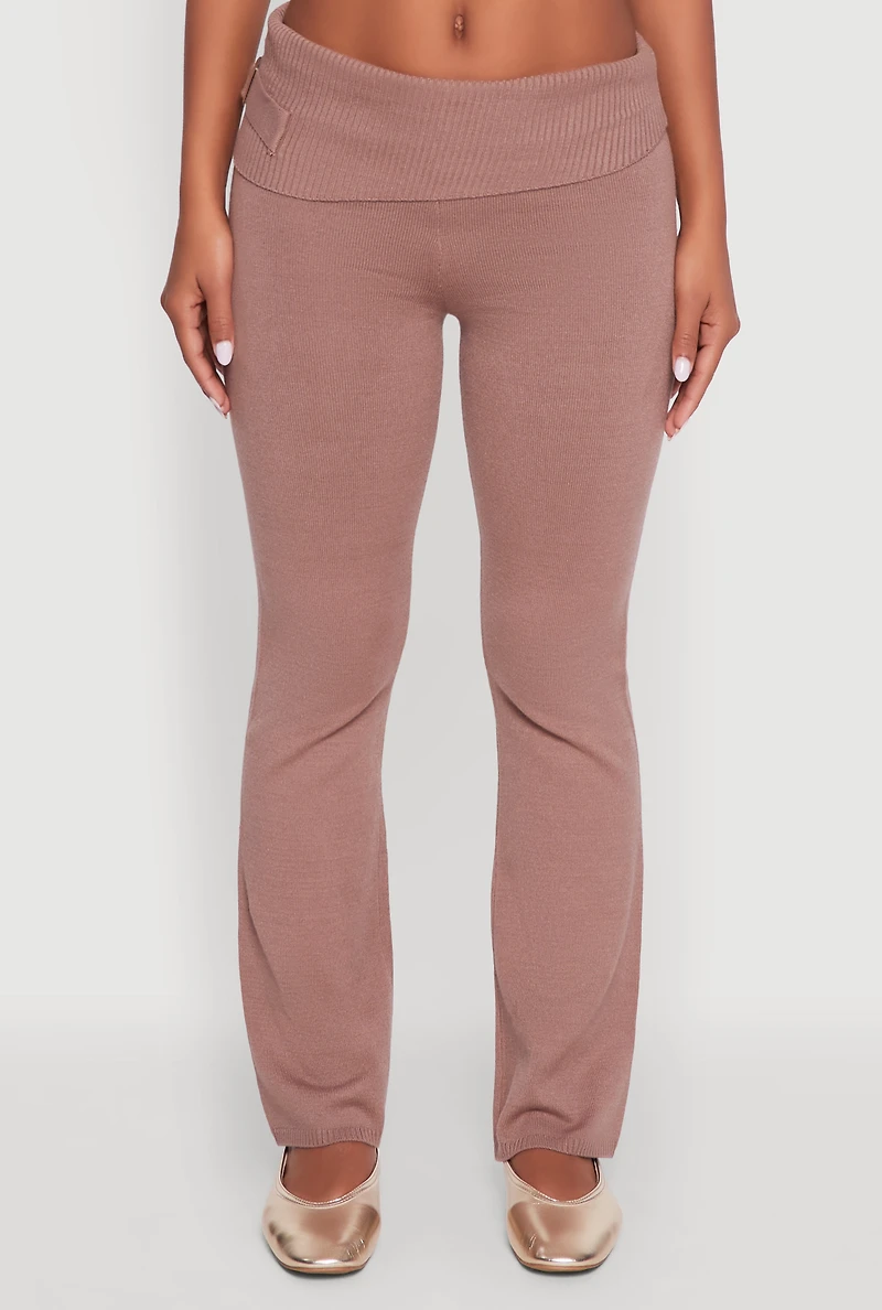 Womens Fold Over Buckle Detail Slim Leg Pants, Brown, Size L