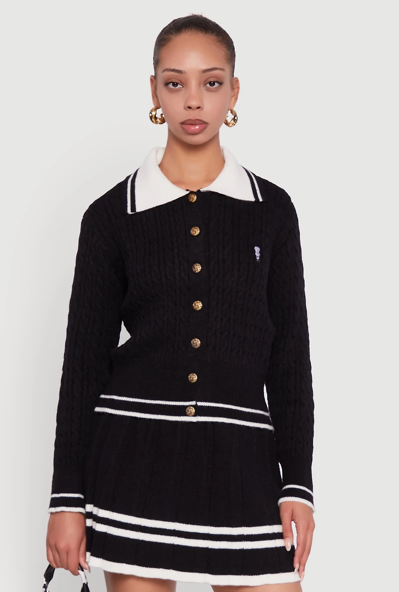 Womens Bear Patch Graphic Varsity Stripe Cardigan, Black,