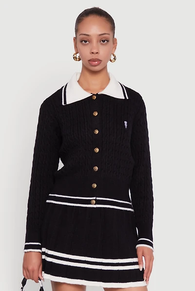 Womens Bear Patch Graphic Varsity Stripe Cardigan, Black,