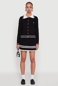 Womens Bear Patch Graphic Varsity Stripe Cardigan, Black,