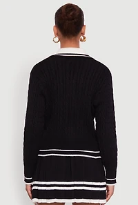 Womens Bear Patch Graphic Varsity Stripe Cardigan, Black,