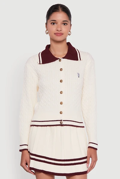 Womens Bear Patch Graphic Varsity Stripe Cardigan, White, Size M