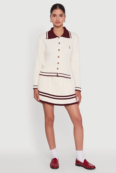 Womens High Waisted Varsity Stripe Pleated Skirt, White, Size L