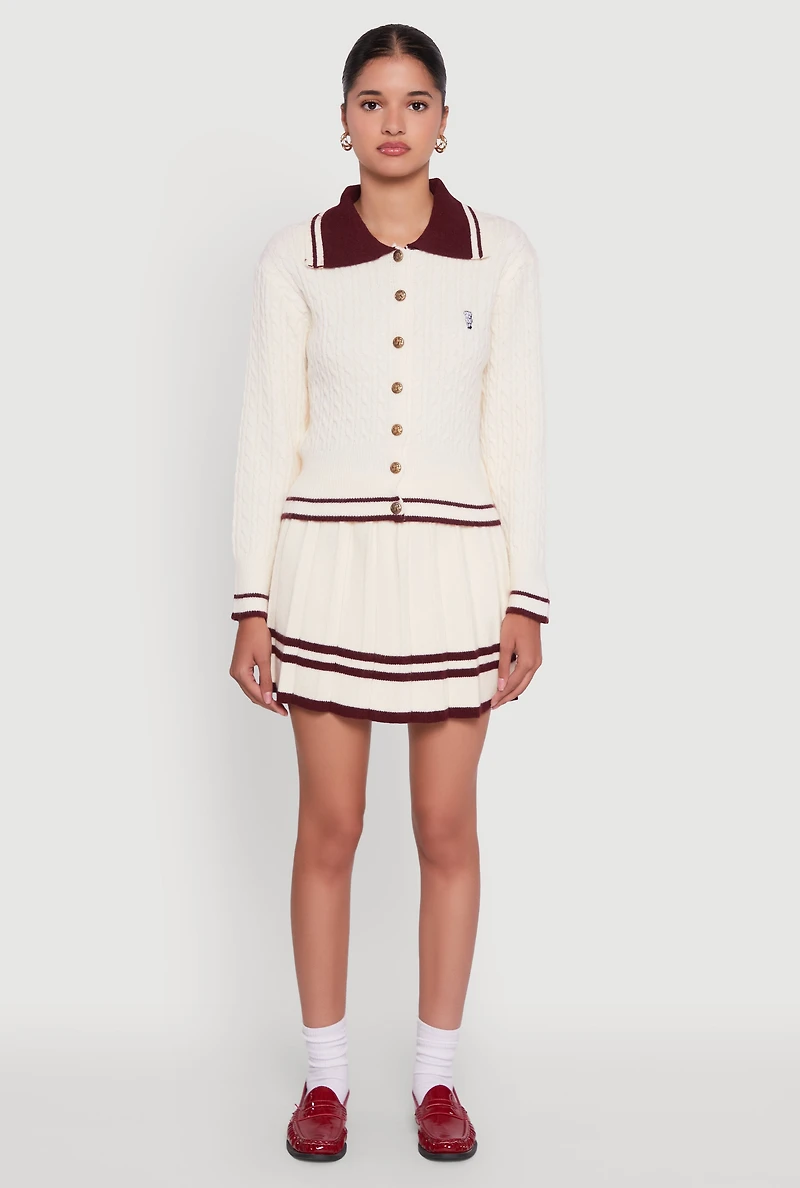Womens High Waisted Varsity Stripe Pleated Skirt, White, Size L