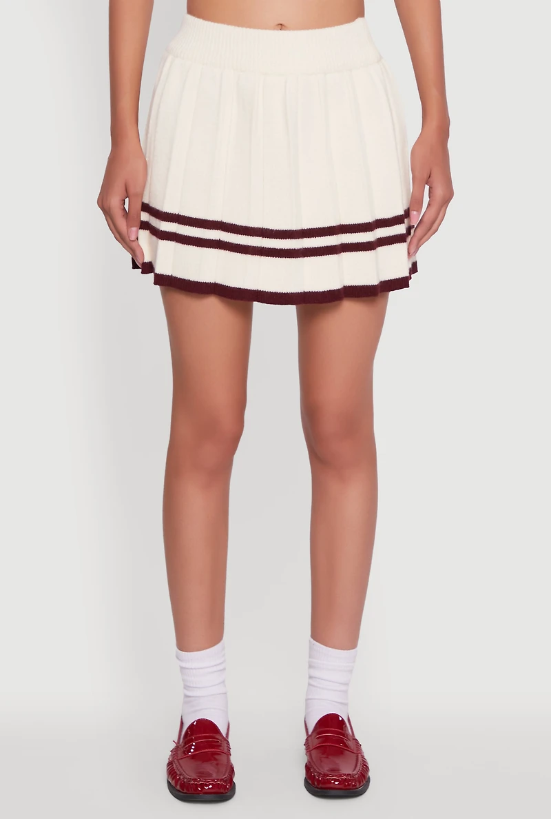 Womens High Waisted Varsity Stripe Pleated Skirt, White, Size L