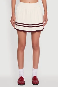 Womens High Waisted Varsity Stripe Pleated Skirt, White, Size L