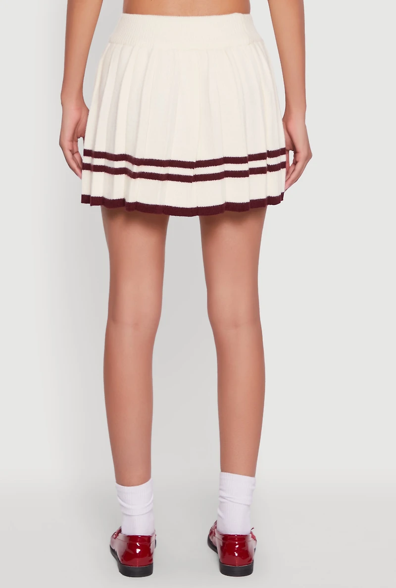 Womens High Waisted Varsity Stripe Pleated Skirt, White, Size L