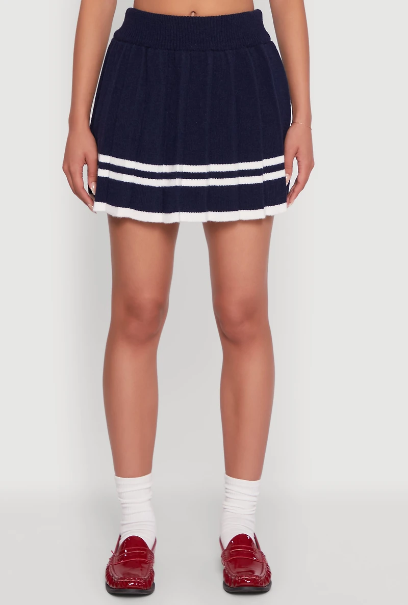 Womens High Waisted Varsity Stripe Pleated Skirt, M