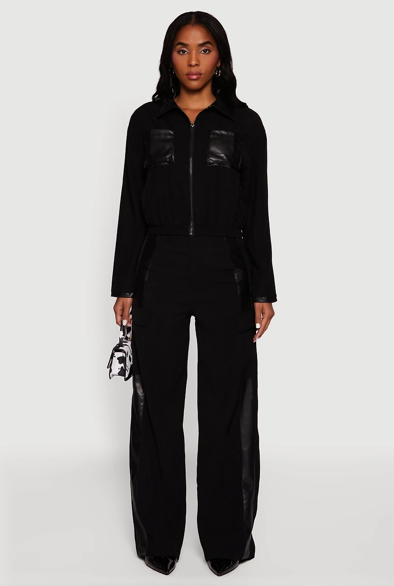 Faux Leather Detail Zip Front Twill Jacket