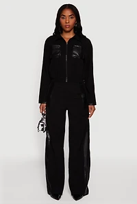 Faux Leather Detail Zip Front Twill Jacket