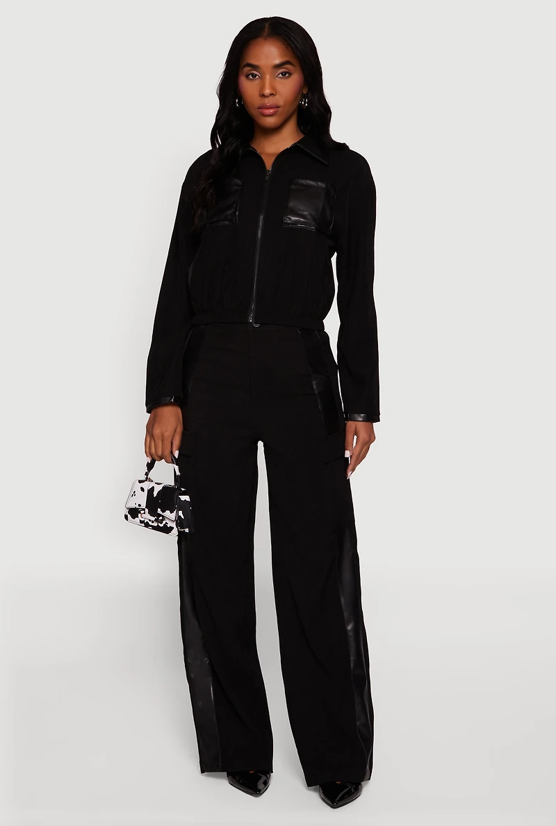 Faux Leather Detail Zip Front Twill Jacket