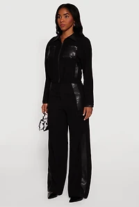 Faux Leather Detail Zip Front Twill Jacket