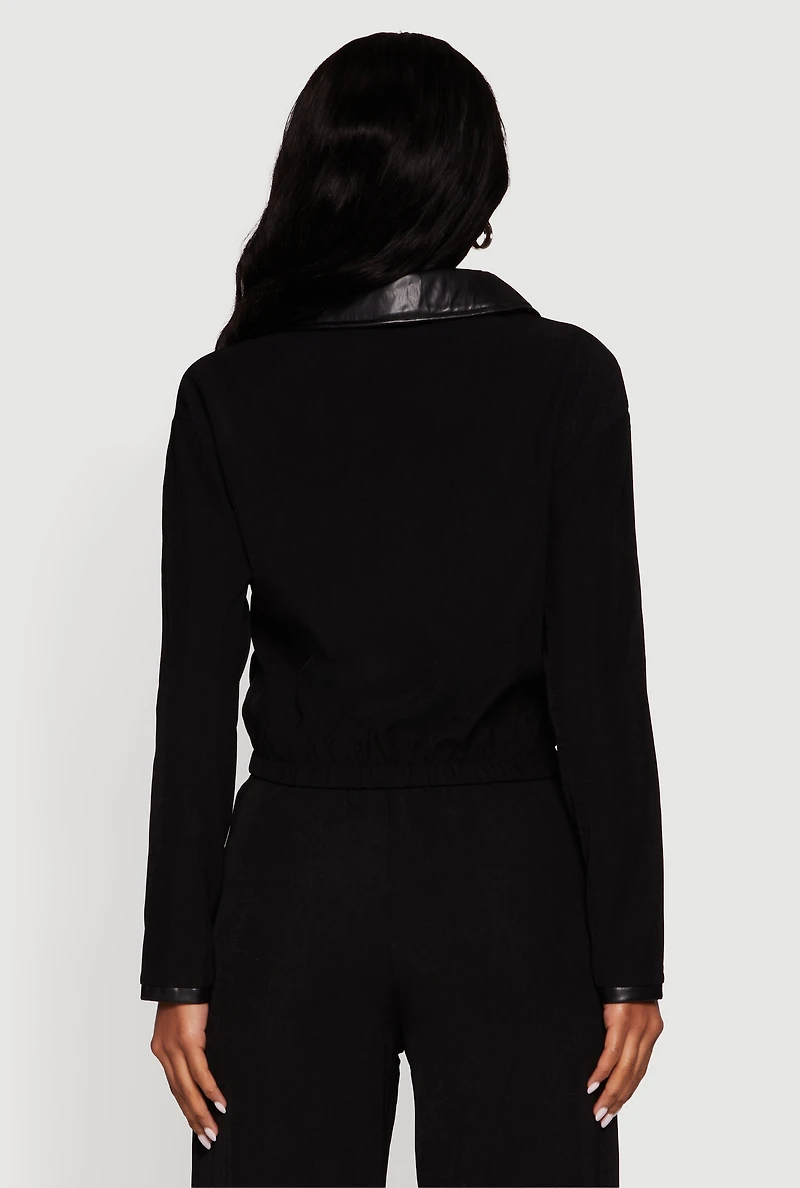 Faux Leather Detail Zip Front Twill Jacket