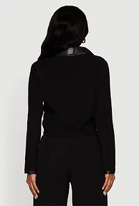 Faux Leather Detail Zip Front Twill Jacket