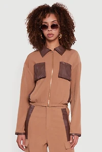 Faux Leather Detail Zip Front Twill Jacket