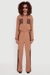 Faux Leather Detail Zip Front Twill Jacket