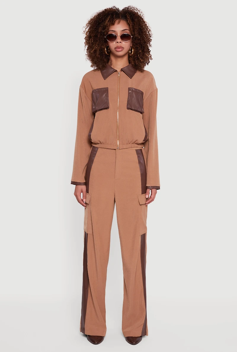 Faux Leather Detail Zip Front Twill Jacket