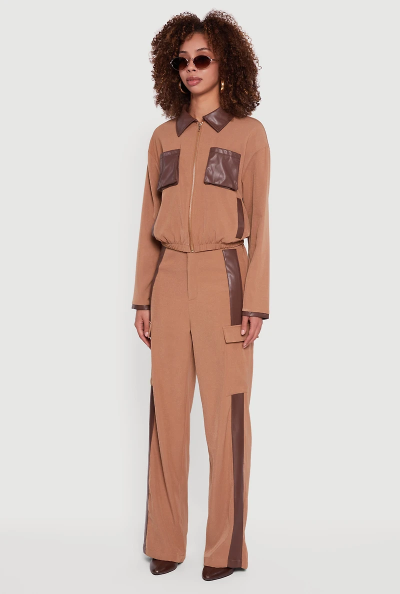 Faux Leather Detail Zip Front Twill Jacket