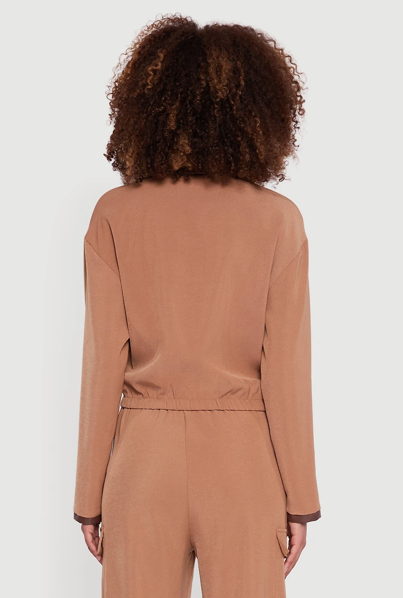 Faux Leather Detail Zip Front Twill Jacket