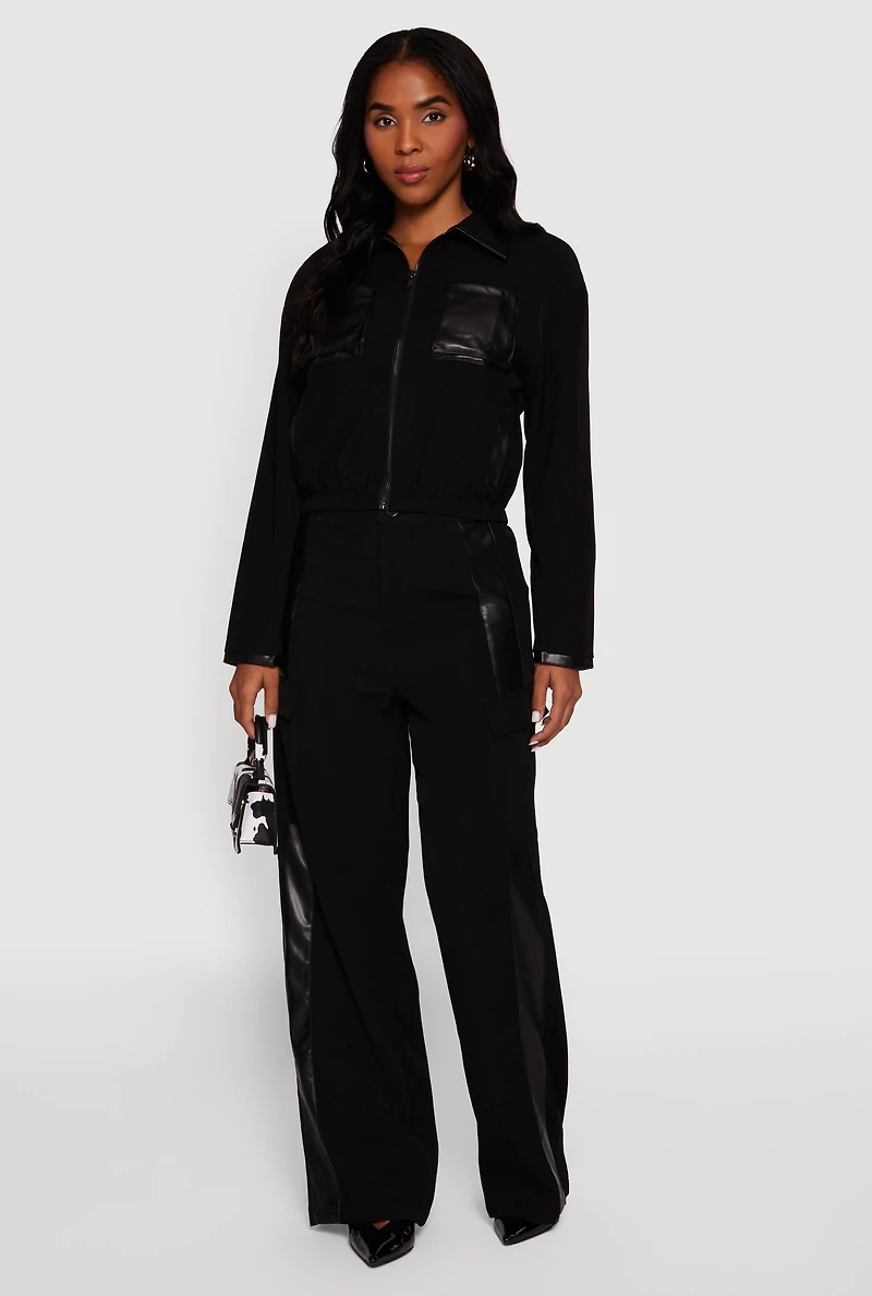 Faux Leather Side Stripe Cargo Dress Pants