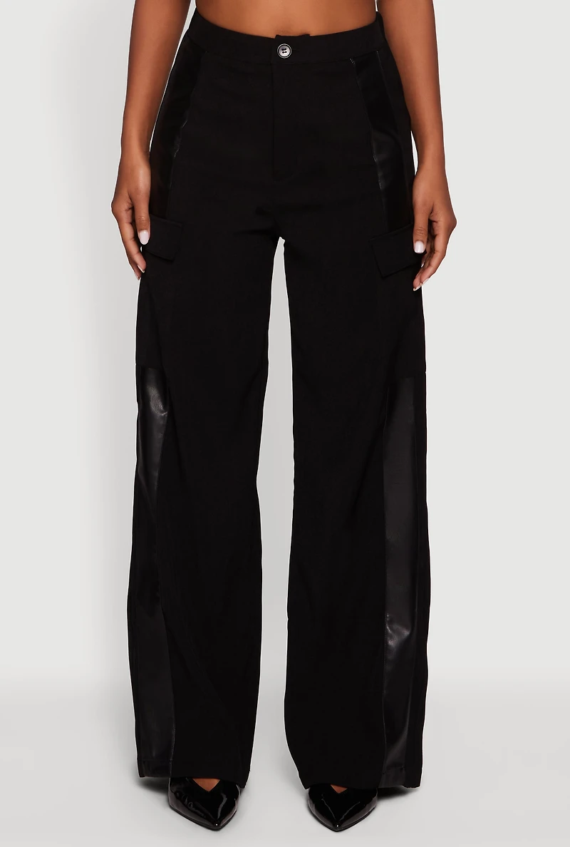 Faux Leather Side Stripe Cargo Dress Pants