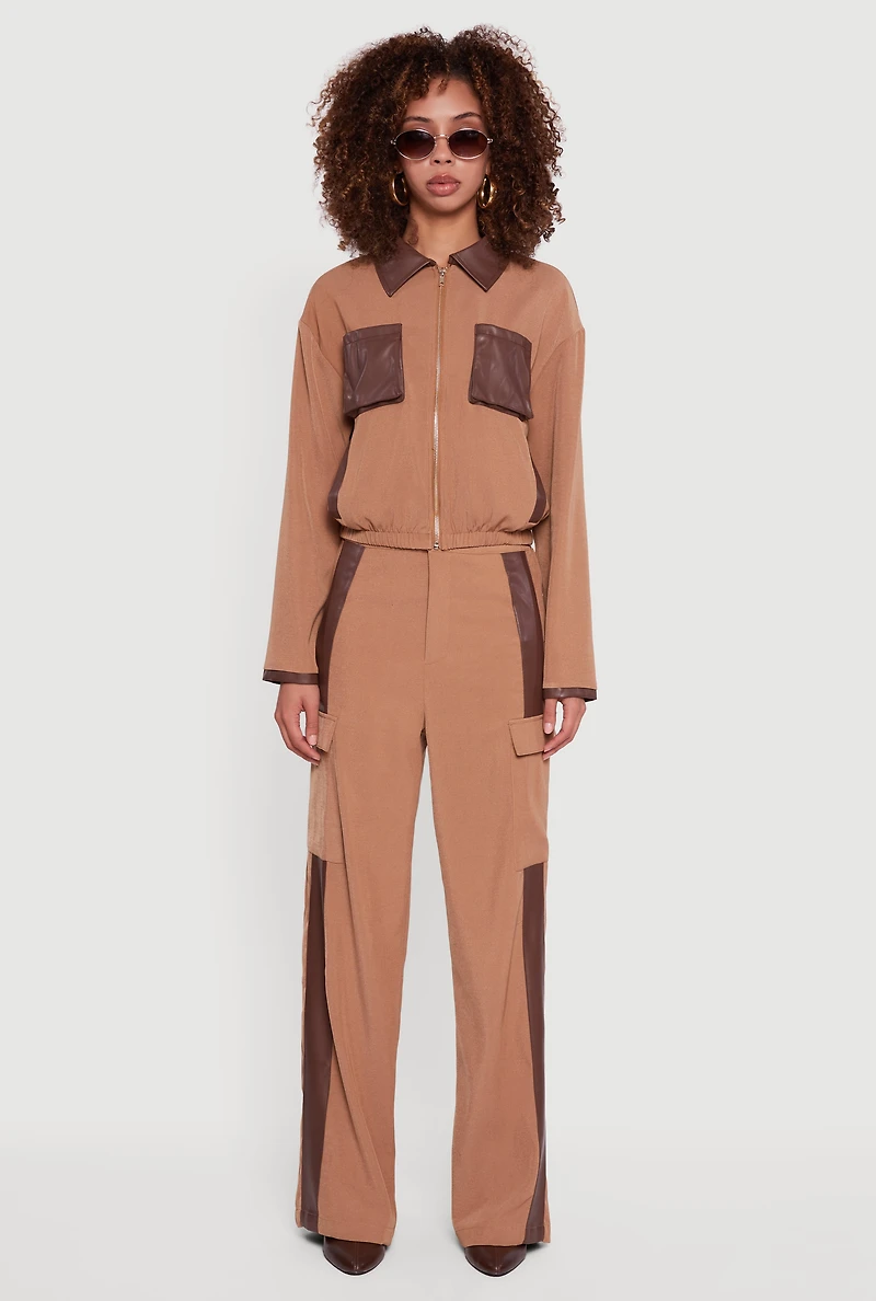 Faux Leather Side Stripe Cargo Dress Pants