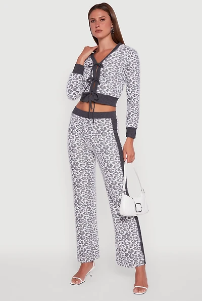 Womens Contrast Trim Jaguar Print Flare Leg Pants, Grey, Size L