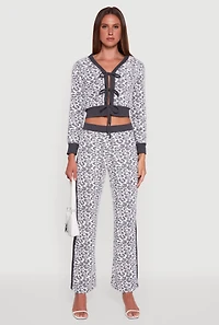 Womens Contrast Trim Jaguar Print Flare Leg Pants,