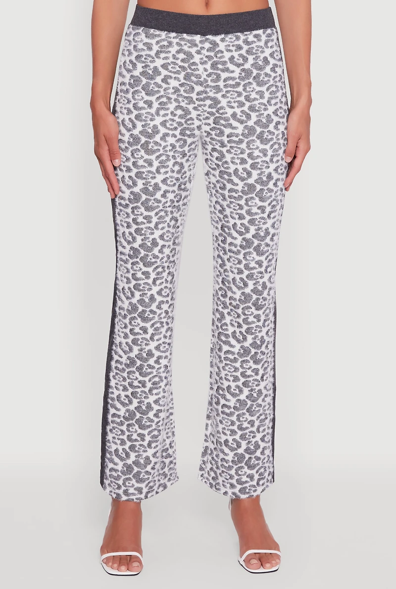 Womens Contrast Trim Jaguar Print Flare Leg Pants,