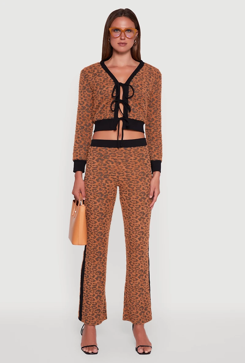 Womens Contrast Trim Jaguar Print Flare Leg Pants, Multi,