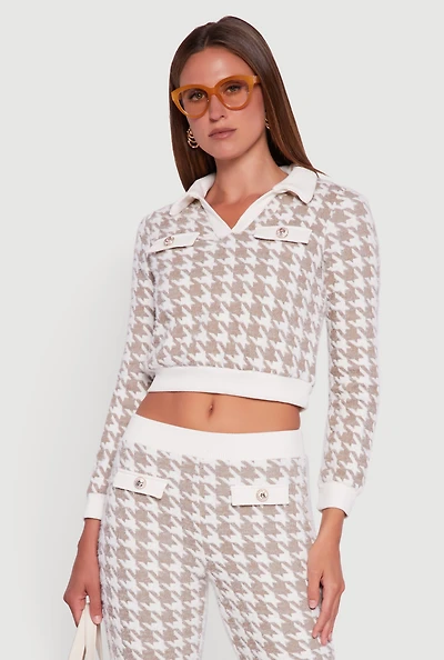 Womens Houndstooth Cropped Sweater with Contrast Trim Collar, Beige,
