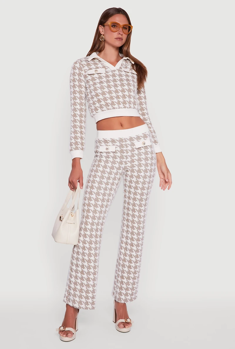 Womens Houndstooth Cropped Sweater with Contrast Trim Collar, Beige,
