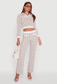 Womens Houndstooth Cropped Sweater with Contrast Trim Collar, Beige,