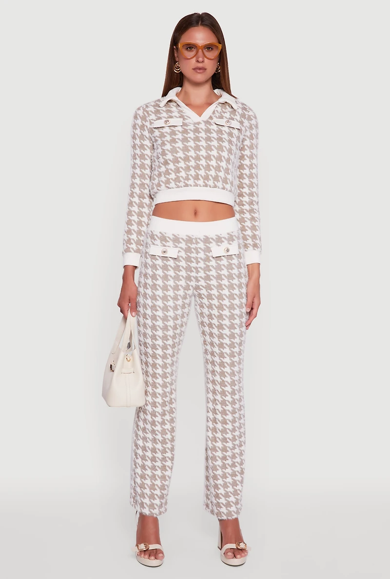 Womens Houndstooth Cropped Sweater with Contrast Trim Collar, Beige,