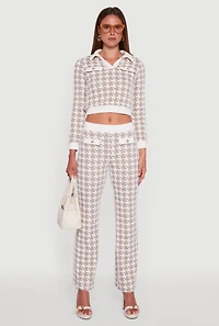 Womens Houndstooth Cropped Sweater with Contrast Trim Collar, Beige,
