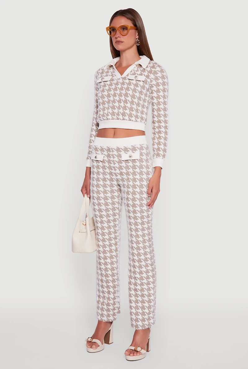 Womens Houndstooth Cropped Sweater with Contrast Trim Collar, Beige,