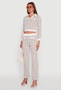 Womens Houndstooth Cropped Sweater with Contrast Trim Collar, Beige,
