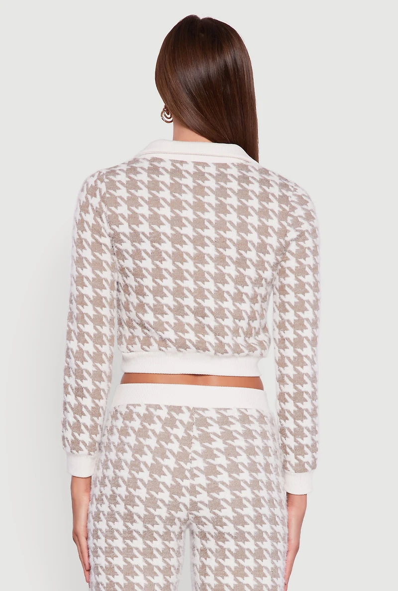 Womens Houndstooth Cropped Sweater with Contrast Trim Collar, Beige,