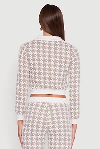 Womens Houndstooth Cropped Sweater with Contrast Trim Collar, Beige, Size XL