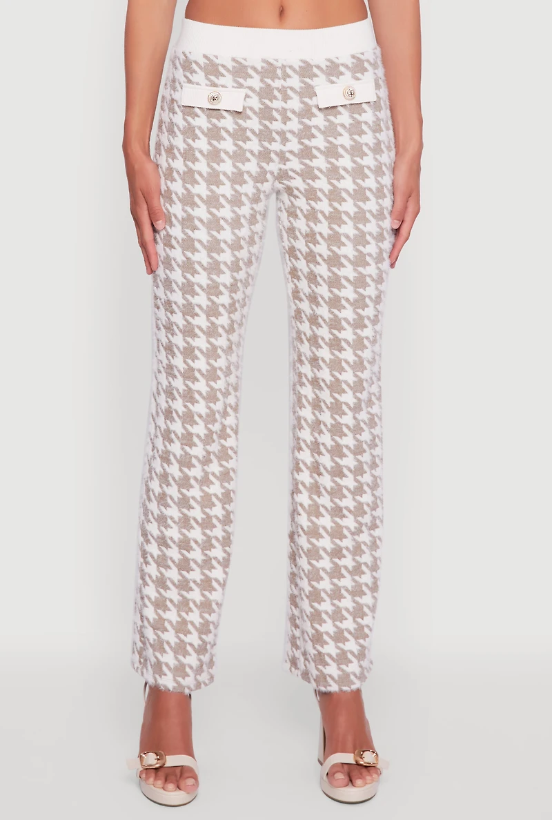 Houndstooth Mid Rise Straight Leg Dress Pants