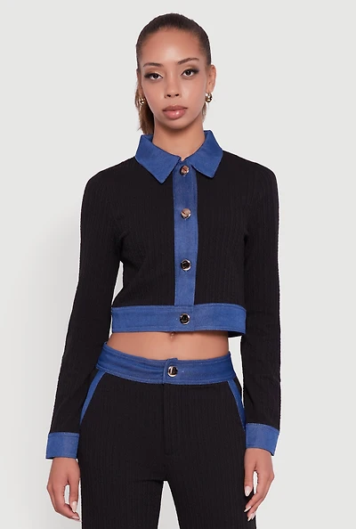Womens Denim Trim Long Sleeve Button Front Cropped Shirt, Black,