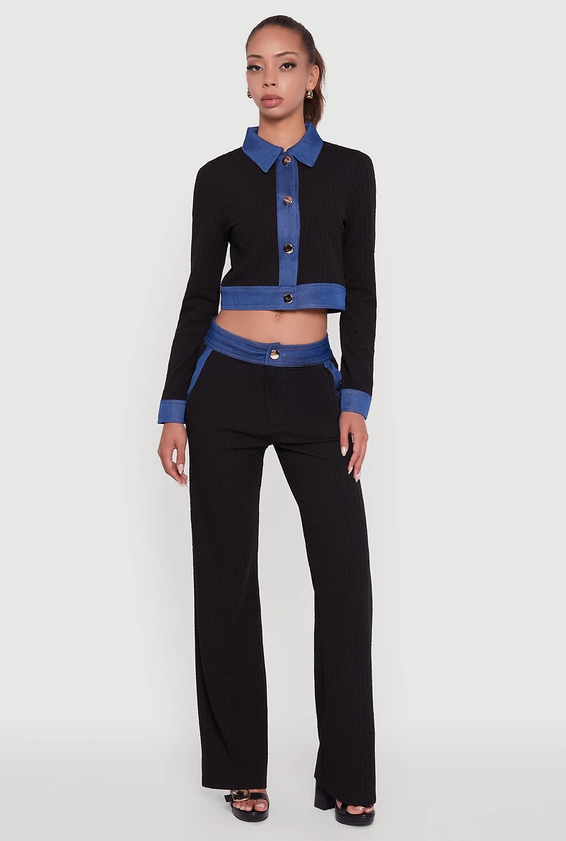 Womens Denim Trim Long Sleeve Button Front Cropped Shirt, Black,