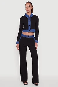 Womens Denim Trim Long Sleeve Button Front Cropped Shirt, Black,